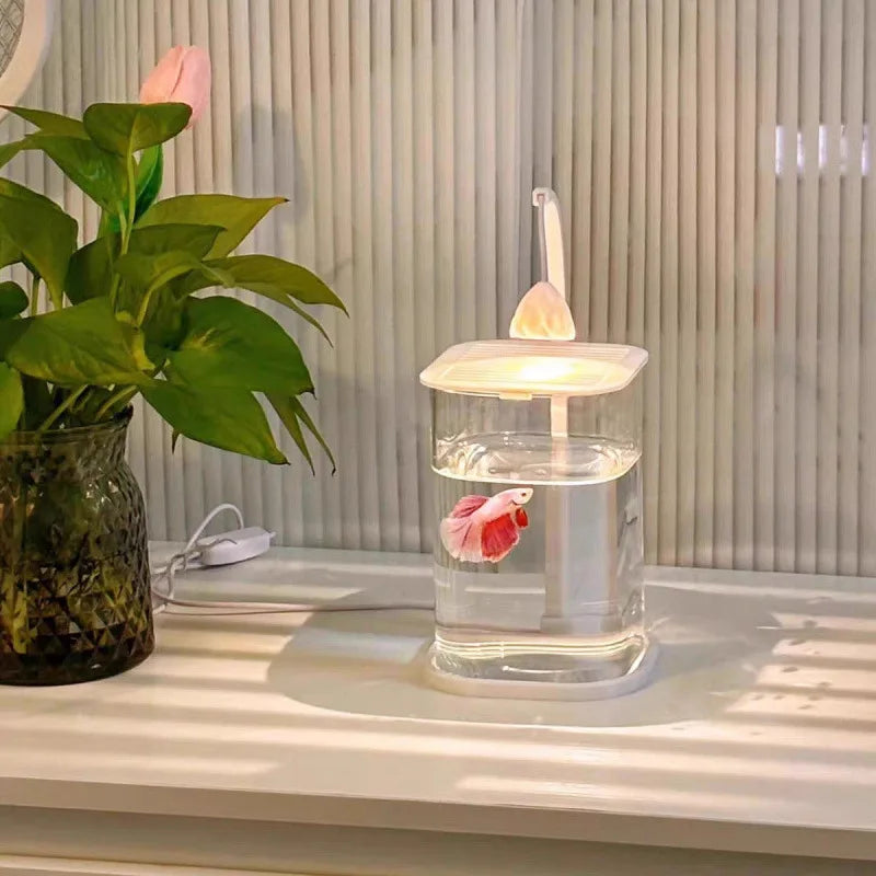 Ultra-Clear Premium Glass Tank Desktop Betta Fish Low-Maintenance Mini Creative Fishbowl with Sensor